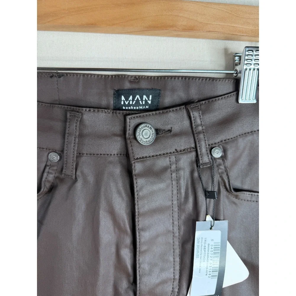 New Boohoo Man Skinny Button Fly Coated Jeans size 30 Dark Brown